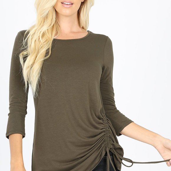 ROUND NECK WITH ADJUSTABLE SIDE RUCHED 3/4 sleeve - Picture 3 of 4